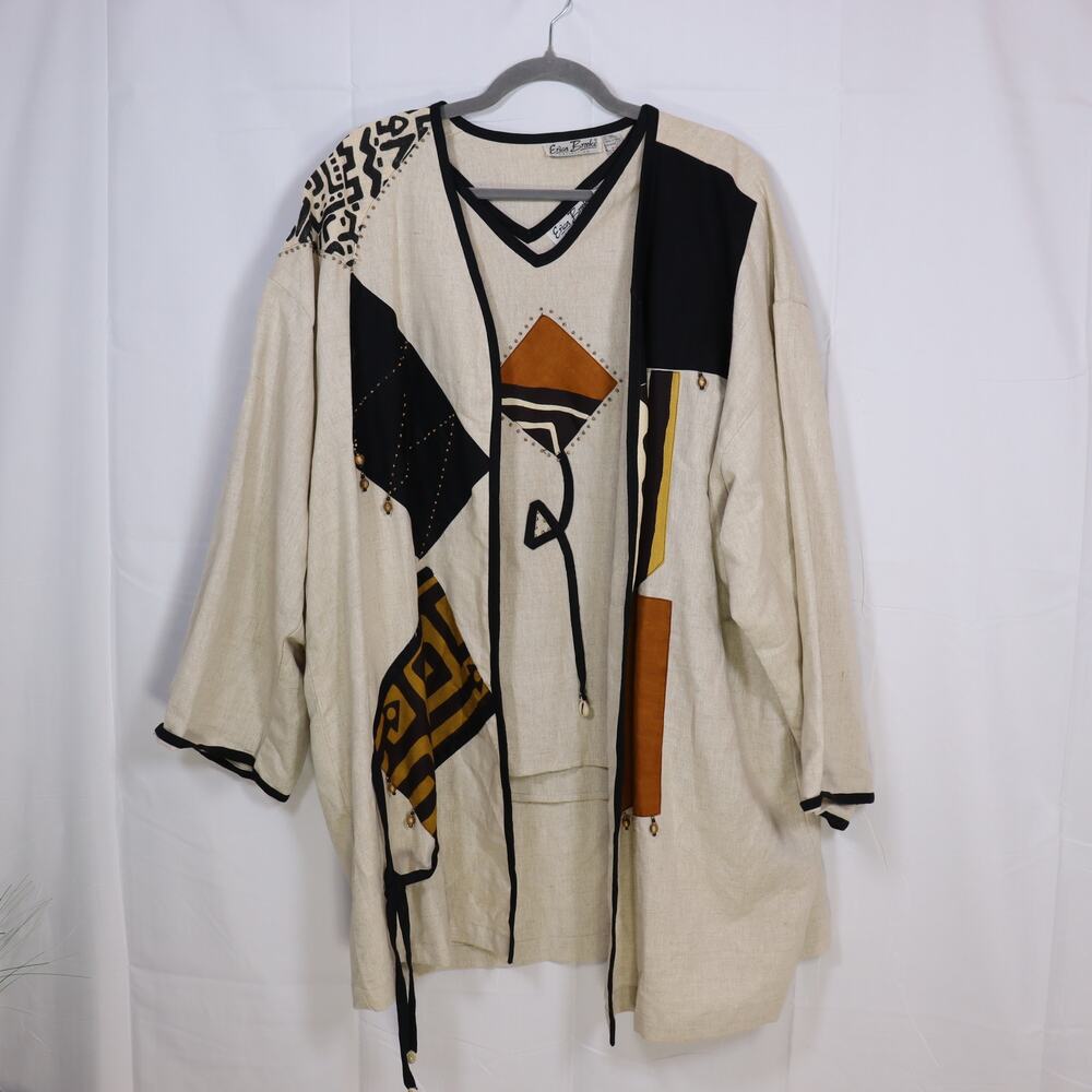 Erica Brooke Collection 2-Piece Linen Set Women’s 22 Boho Art Jacket & Tank